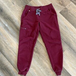 Figs Burgundy Zamora Jogger Pants with Gray Drawstring